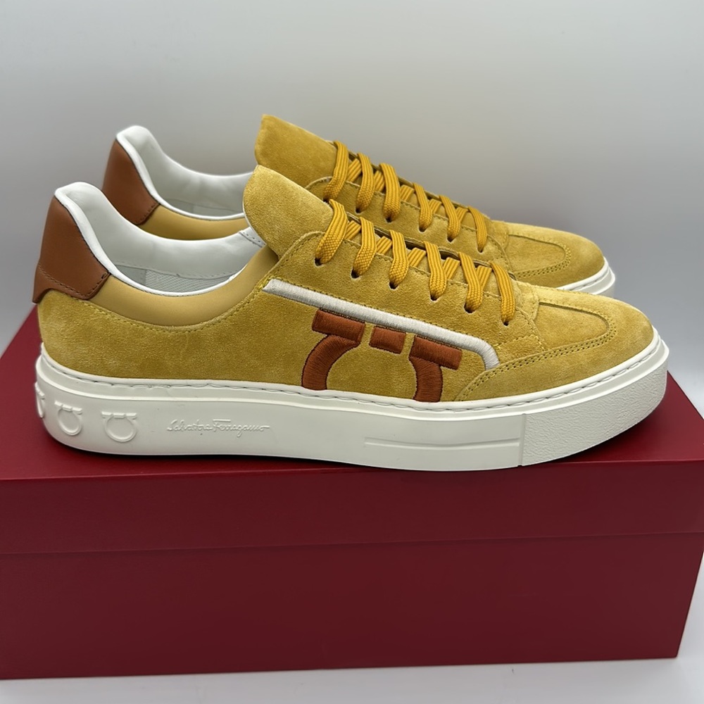 Salvatore Ferragamo Borg 12 Mustard Yellow Suede Sneakers Men’s Size 7.5 NIB - Picture 4 of 7
